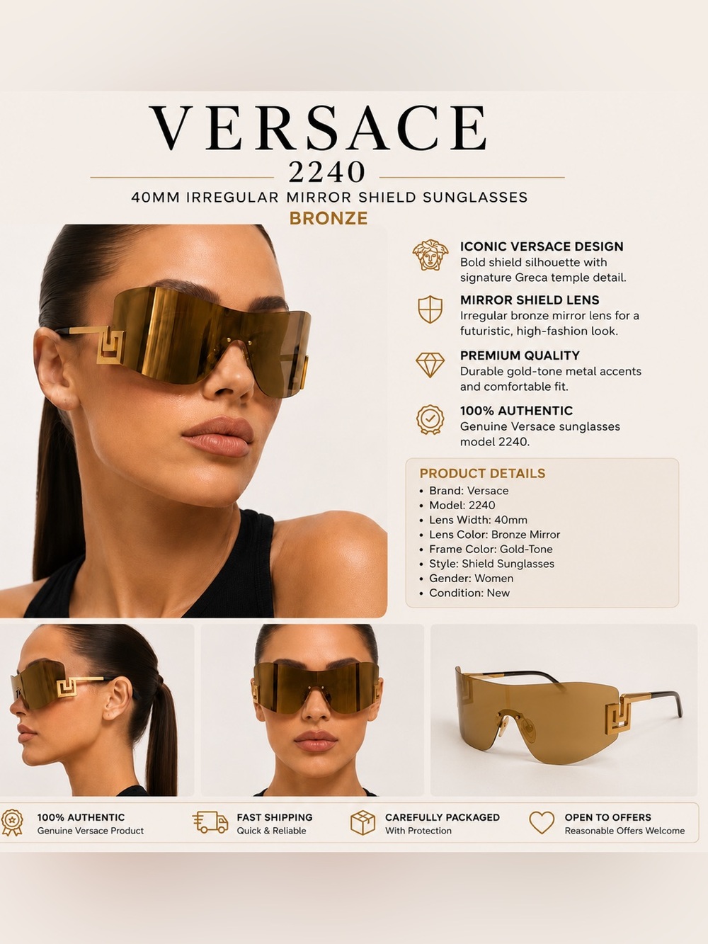 Versace authentic 40mm irregular mirror shield sunglasses in bronze✨✨